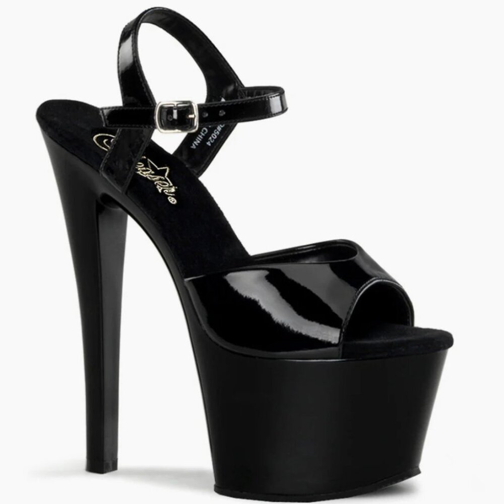 Pleaser Sky-309 Black Patent Platform Sandal Heels